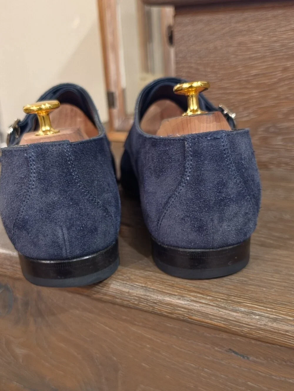 Santoni Navy Suede Double Monk Strap Shoes